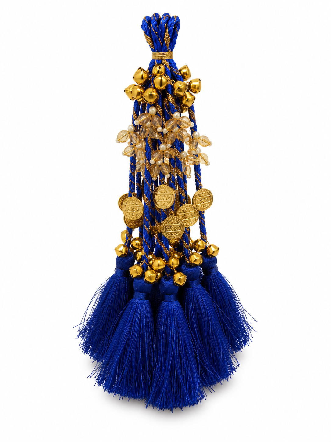 Royal Blue Bridal Latkan Tassels with Golden Ghungroo, Coins & Crystal Beads – Decorative Hanging for Lehengas, Blouses & Potli Bags (Pack of 2 Tassels)