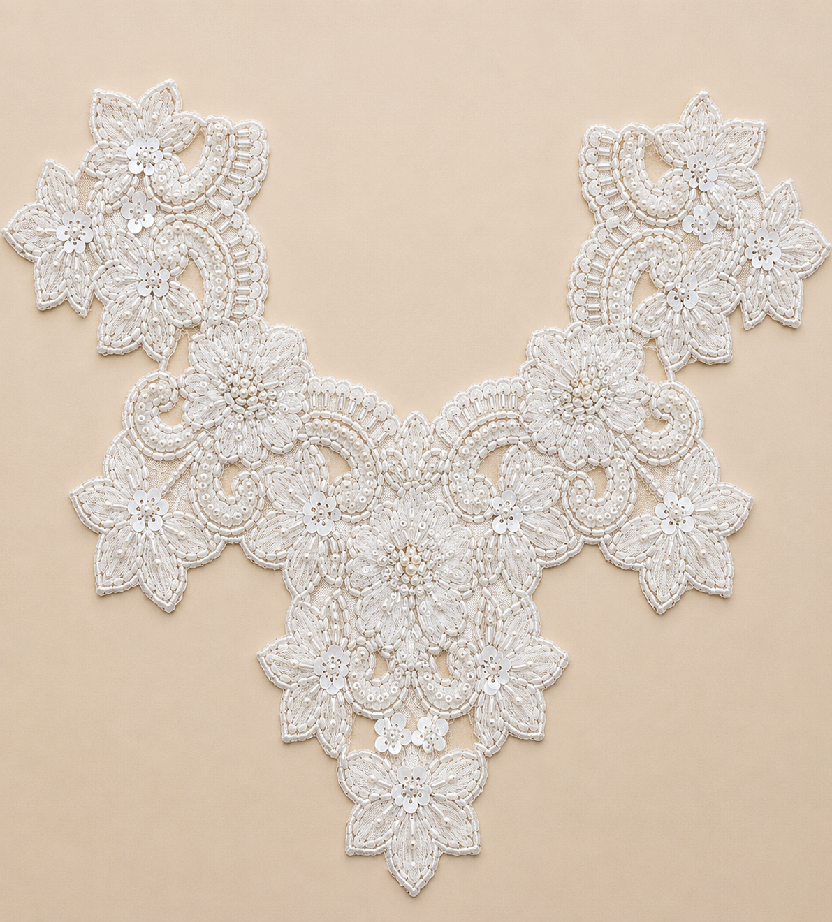Premium Designer Beaded Neckline Patch – White Floral Design