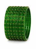 Emerald Green Crystal Bangle Set (12 Bangles) with Gold Stud Detailing | Traditional Punjabi Bangles for Women