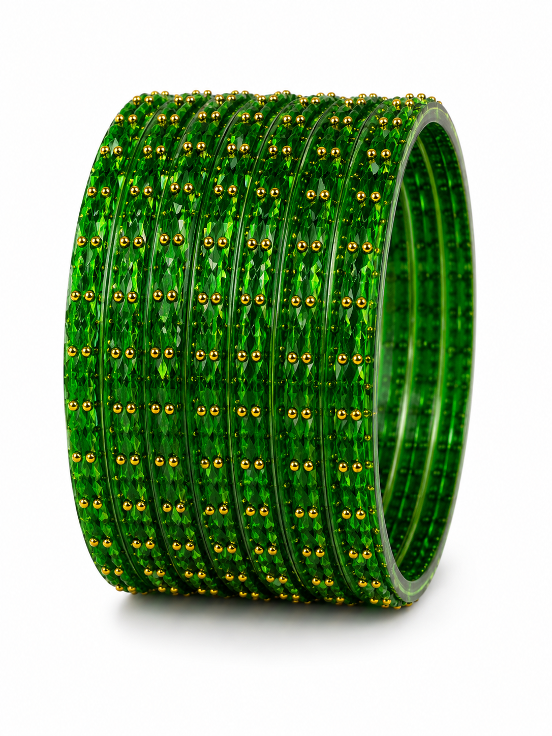 Emerald Green Crystal Bangle Set (12 Bangles) with Gold Stud Detailing | Traditional Punjabi Bangles for Women