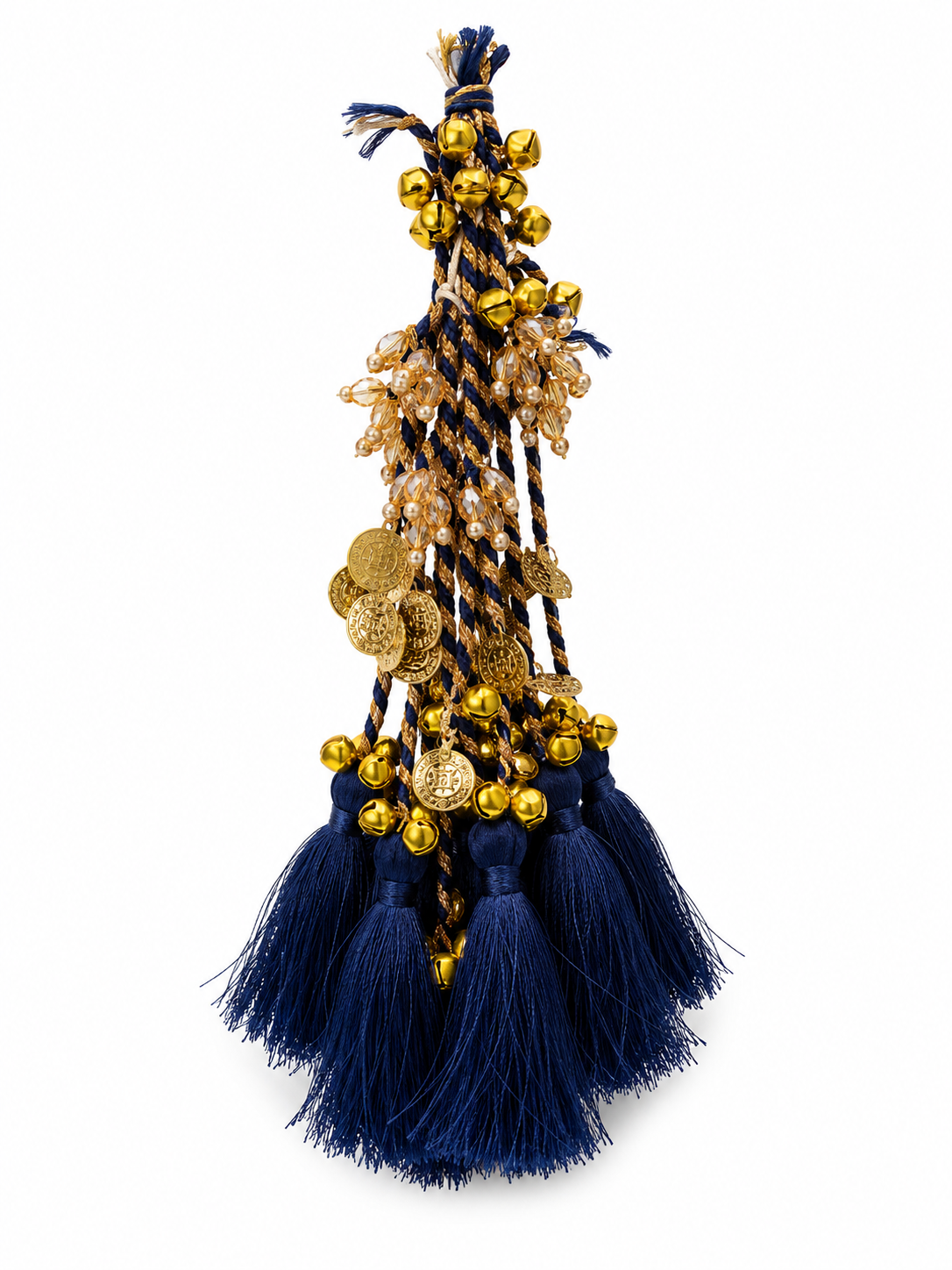 Navy Blue Bridal Latkan Tassels with Golden Ghungroo, Coins & Crystal Beads – Decorative Hanging for Lehengas, Blouses & Potli Bags (Pack of 2 Tassels)