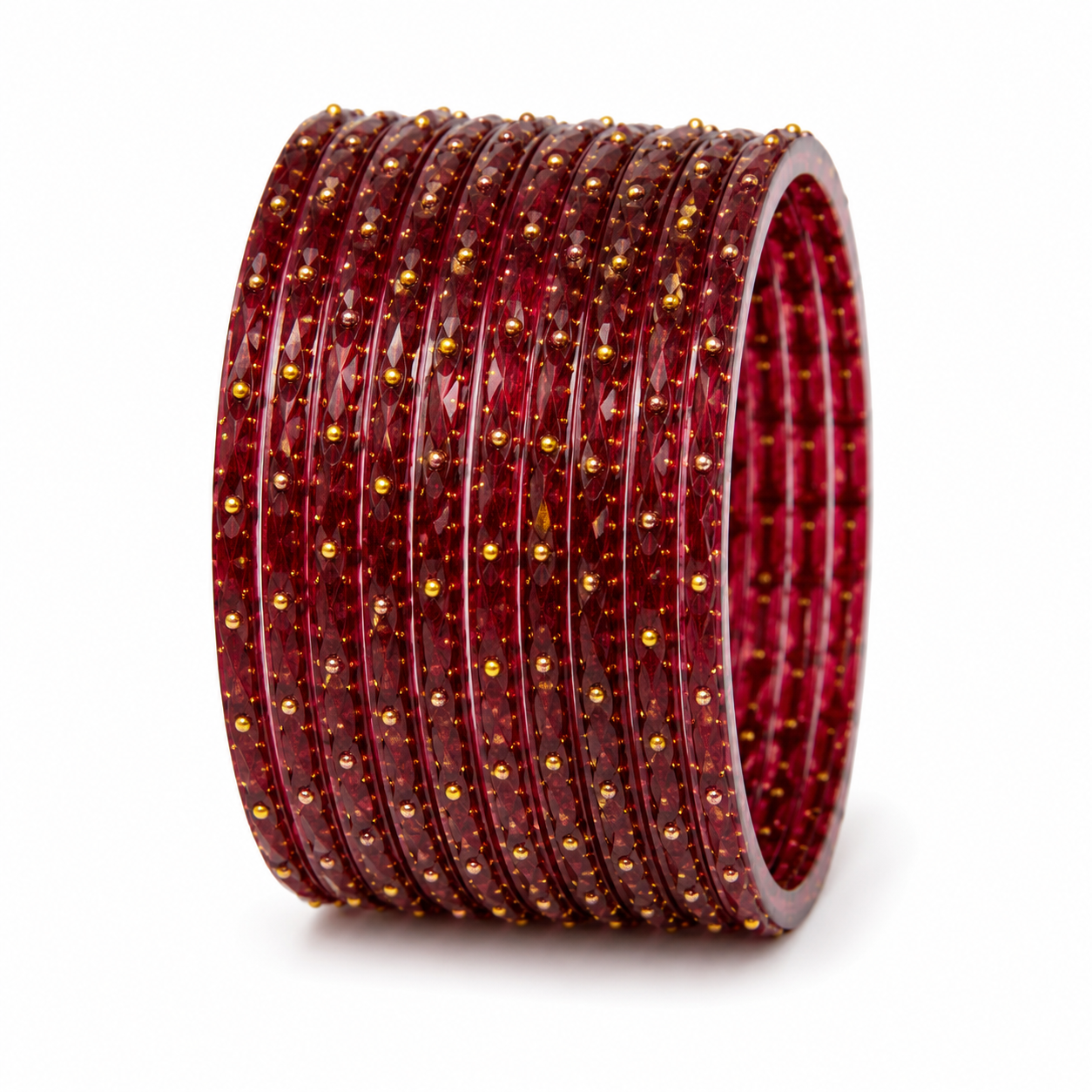 Maroon Crystal Bangle Set (12 Bangles) with Gold Stud Detailing | Traditional Punjabi Bangles for Women
