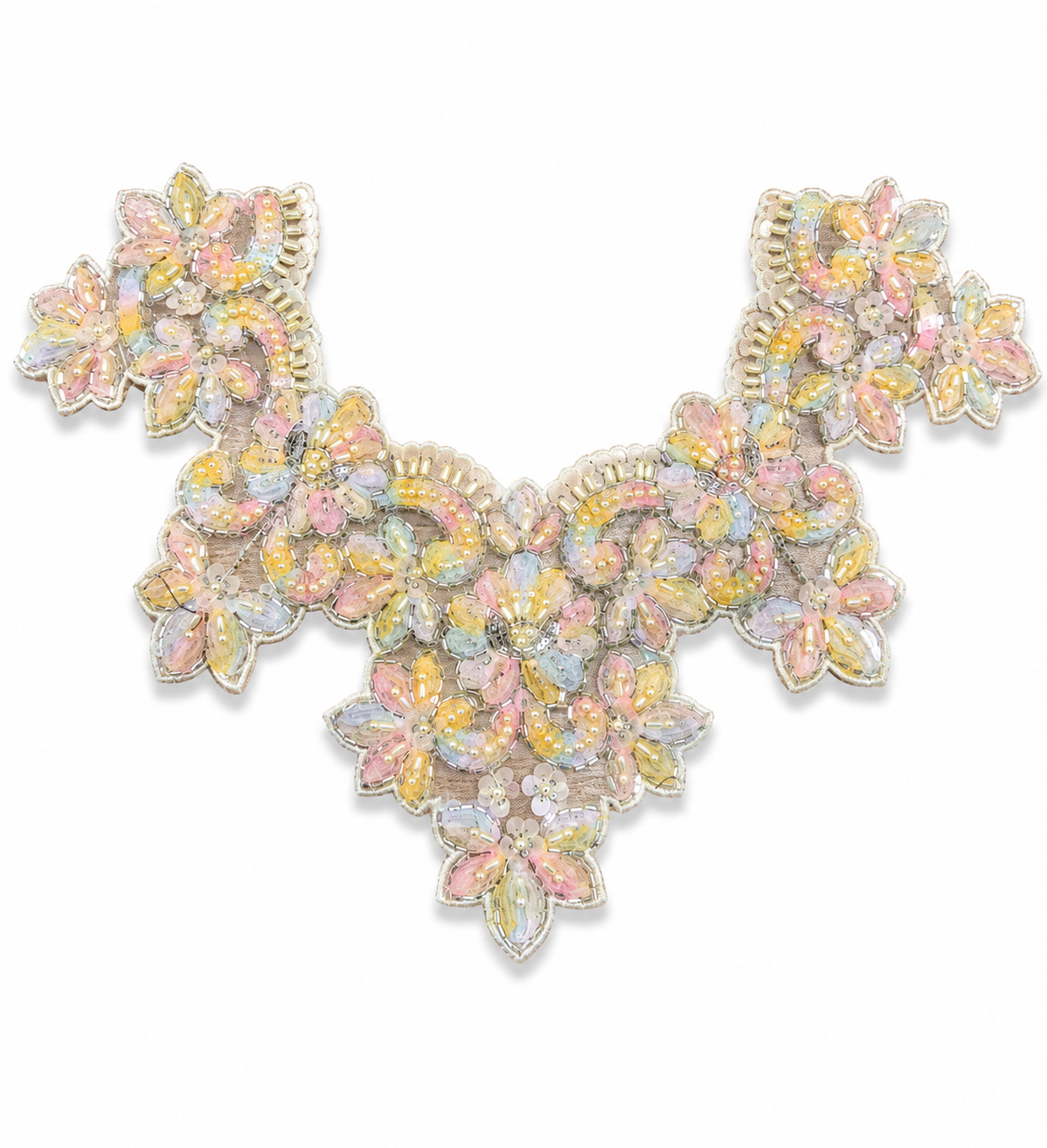 Premium Designer Beaded Neckline Patch – Pastel Floral Embroidery