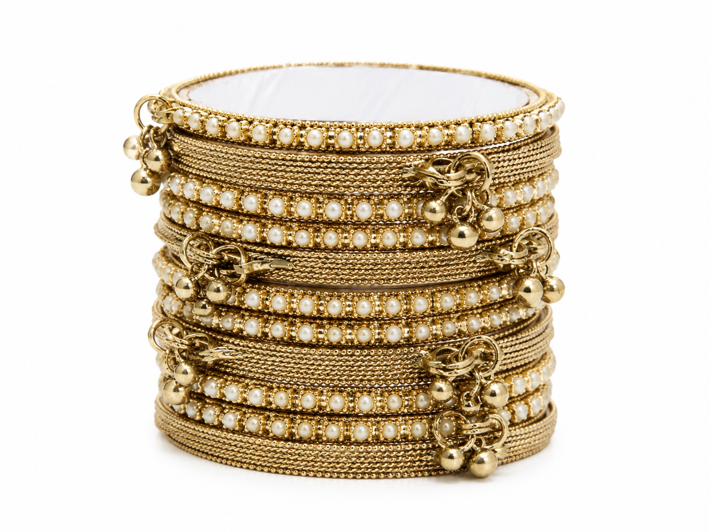 Gold Pearl Designer Bangle Set with Hanging Charms | Traditional Punjabi Bangles for Women