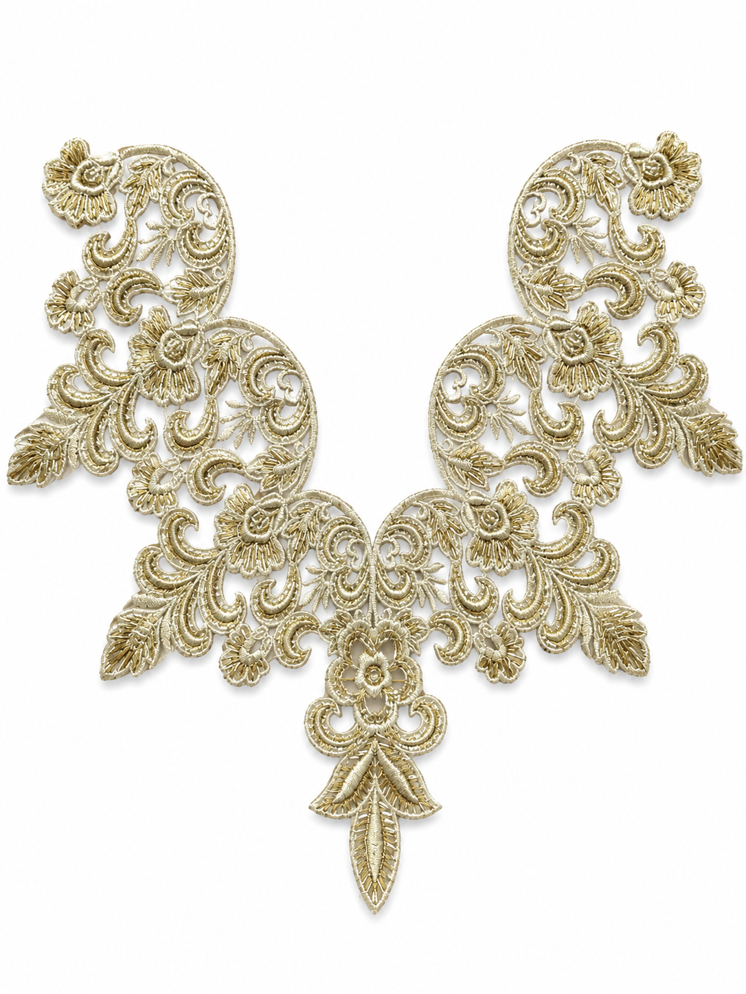 Champagne Beige Floral Lace Neck Appliqué – Embroidered V-Neck Sew-On Patch for Kurtis, Blouses & Dresses
