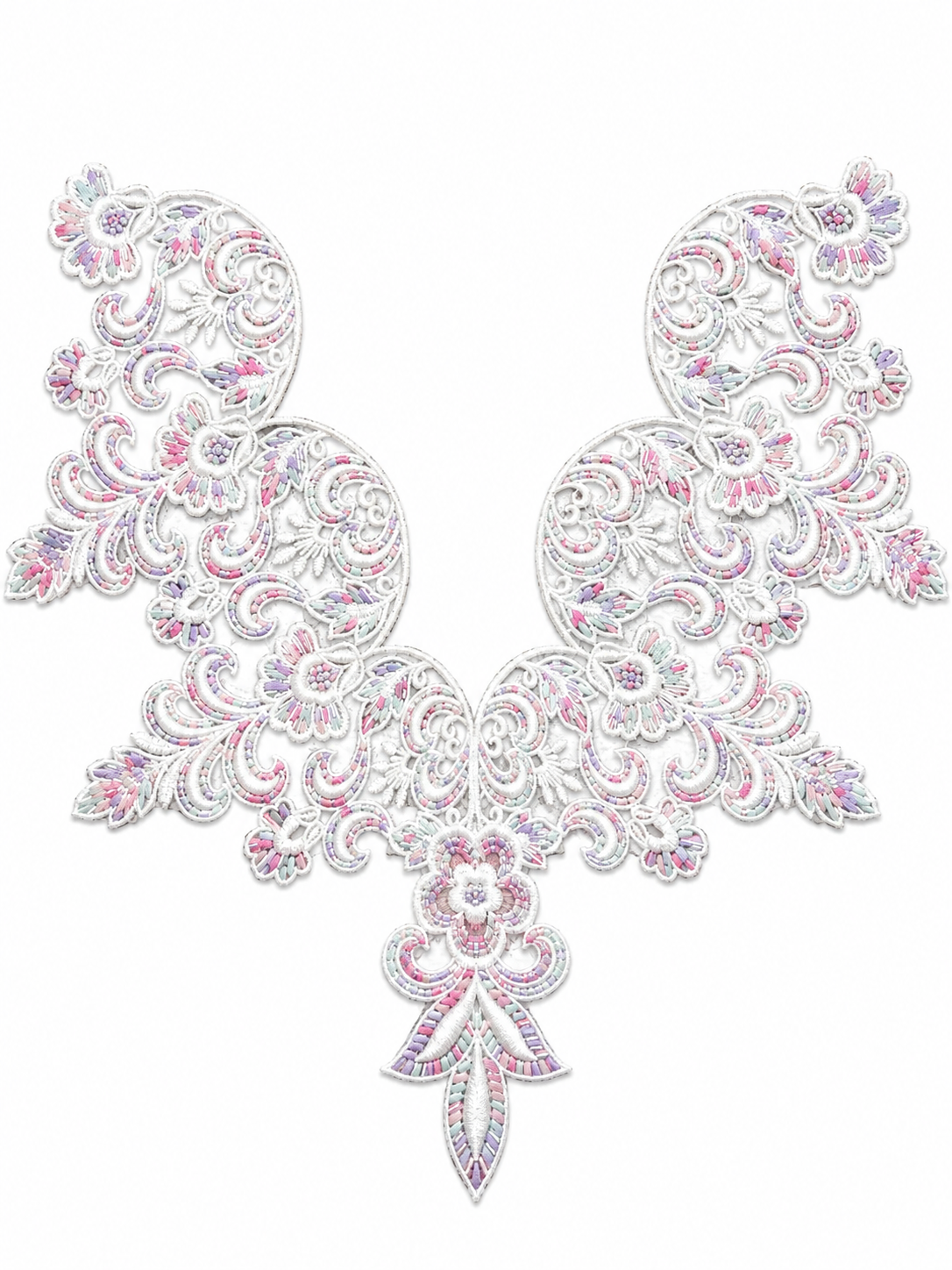 White Pastel Floral Lace Neck Appliqué – Embroidered V-Neck Sew-On Patch for Kurtis, Blouses & Dresses