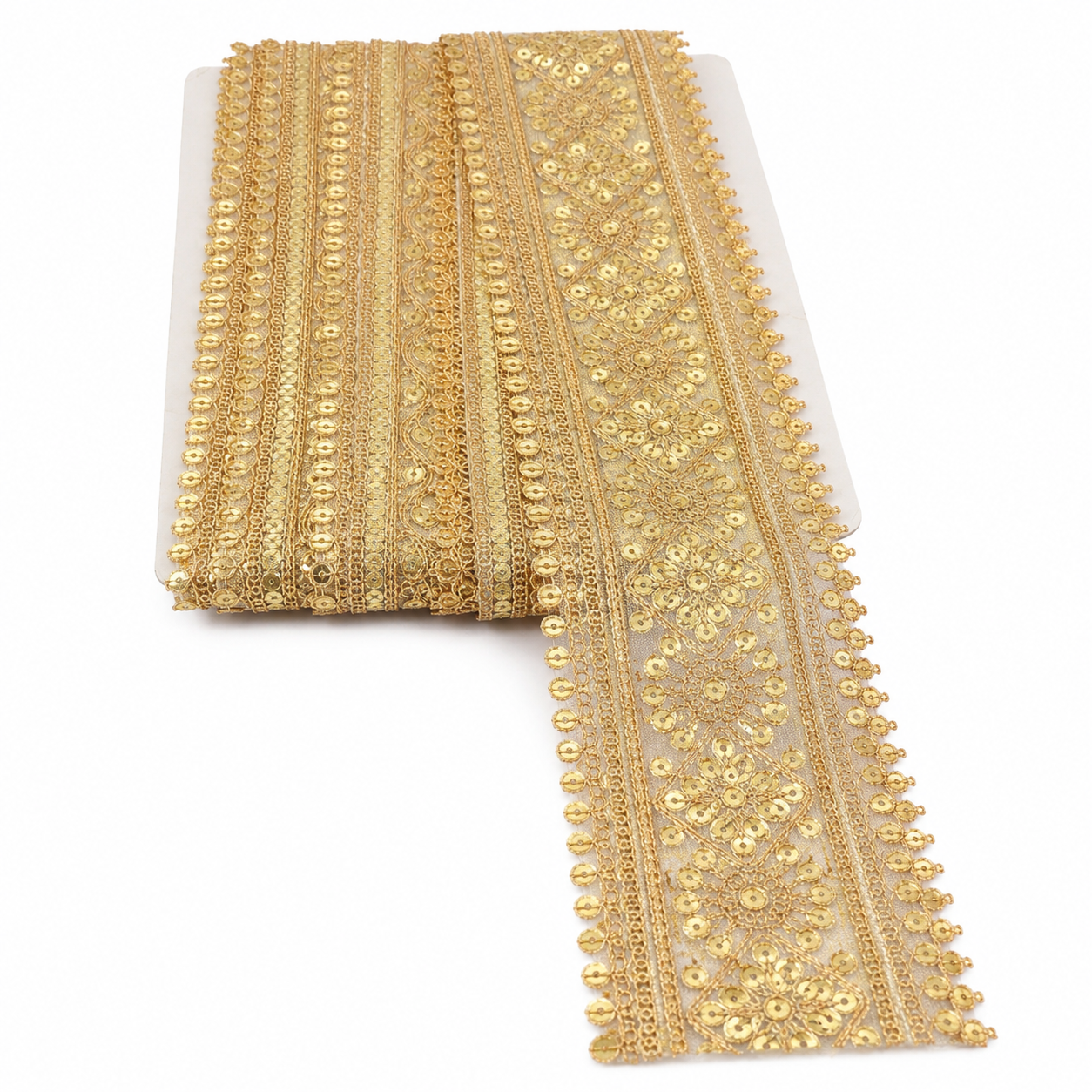 Golden Sequin Embroidered Lace Trim – Heavy Designer Border for Saree, Dupatta & Dresses