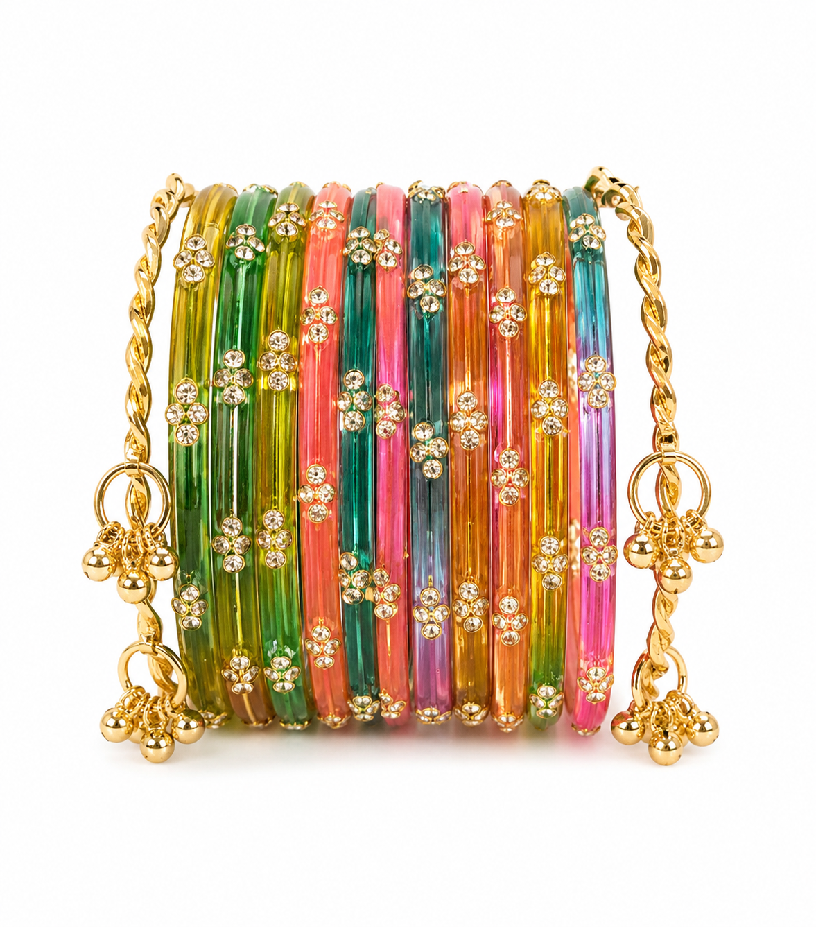 Multicolor Crystal Kashmiri Bangle Set with Floral Stone Design & Gold Ghungroo Charms | Traditional Bangles for Women