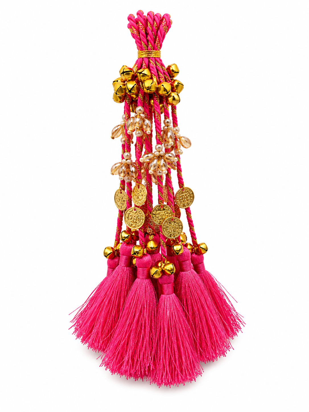 Hot Pink Bridal Latkan Tassels with Golden Ghungroo, Coins & Crystal Beads – Decorative Hanging for Lehengas, Blouses & Potli Bags (Pack of 2 Tassels)