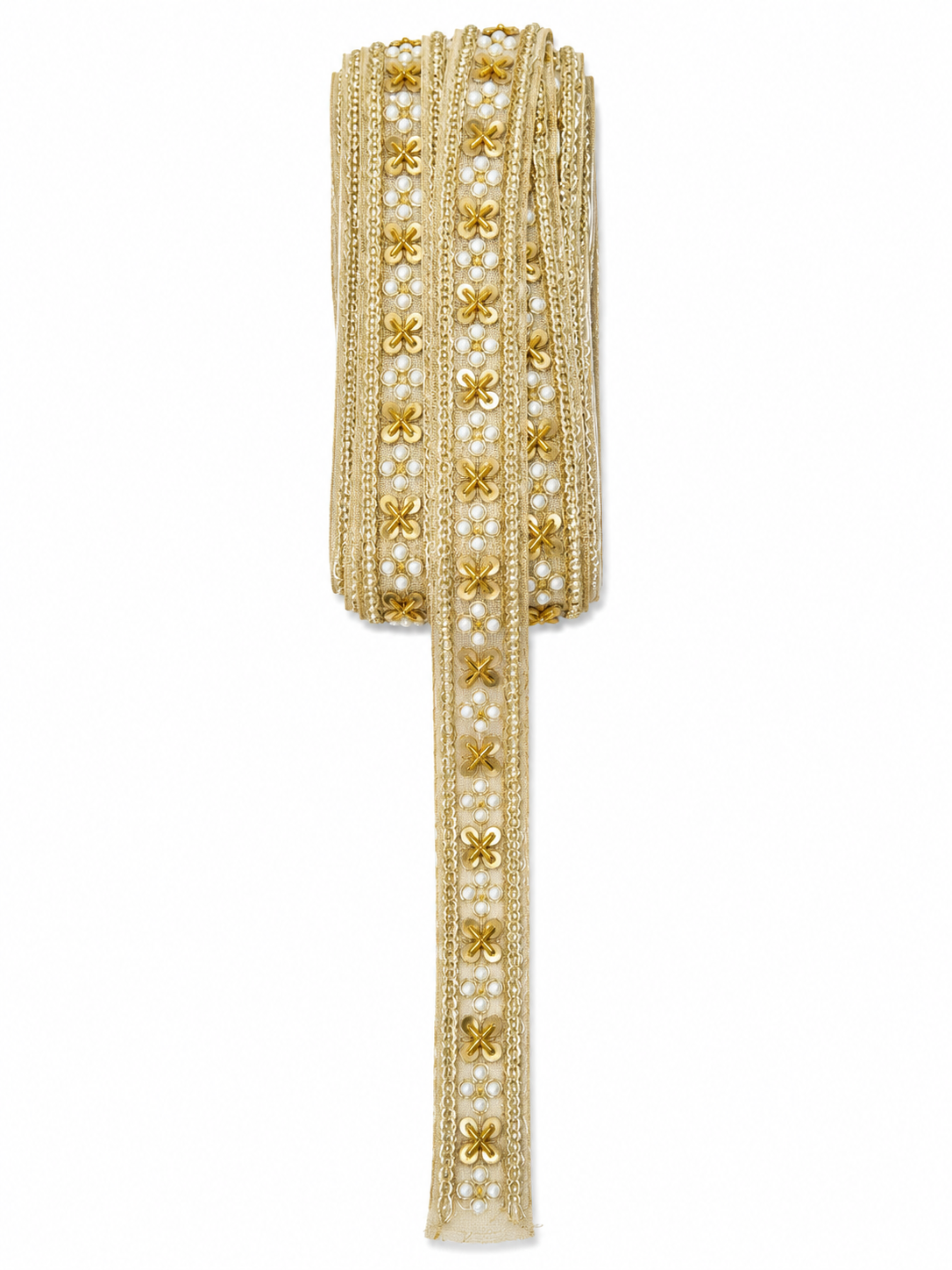 Premium Gold Floral Pearl Lace Trim – Decorative Embroidered Border (Sold by Meter)