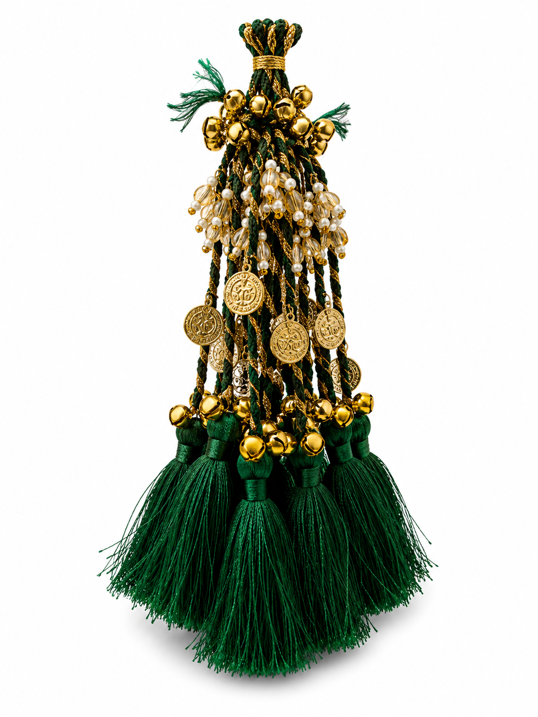 Emerald Green Bridal Latkan Tassels with Golden Ghungroo, Coins & Crystal Beads – Decorative Hanging for Lehengas, Blouses & Potli Bags (Pack of 2 Tassels)