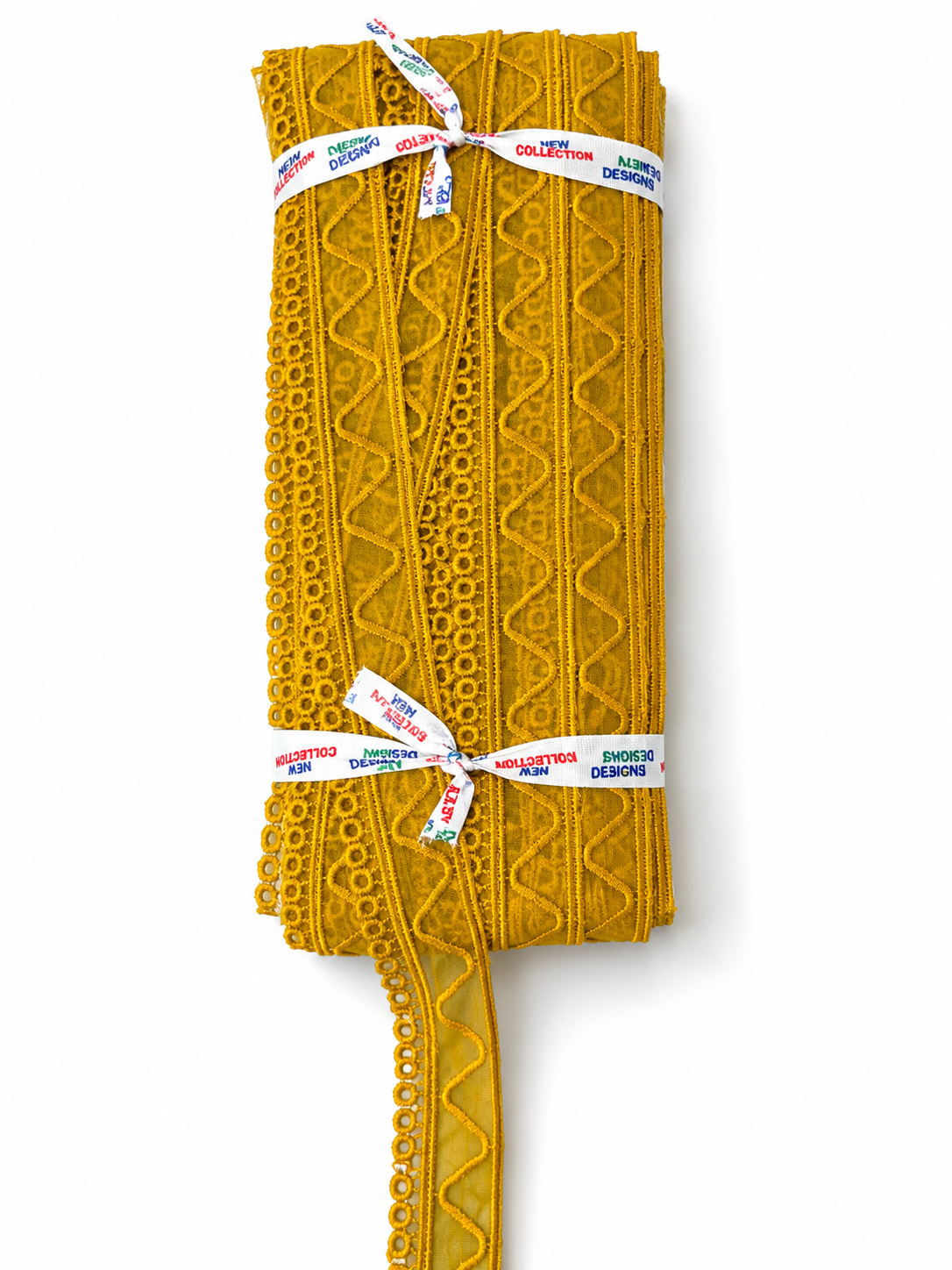 Mustard Yellow Embroidered Lace Trim – Decorative Eyelet Mesh Border for Sewing & Craft Projects