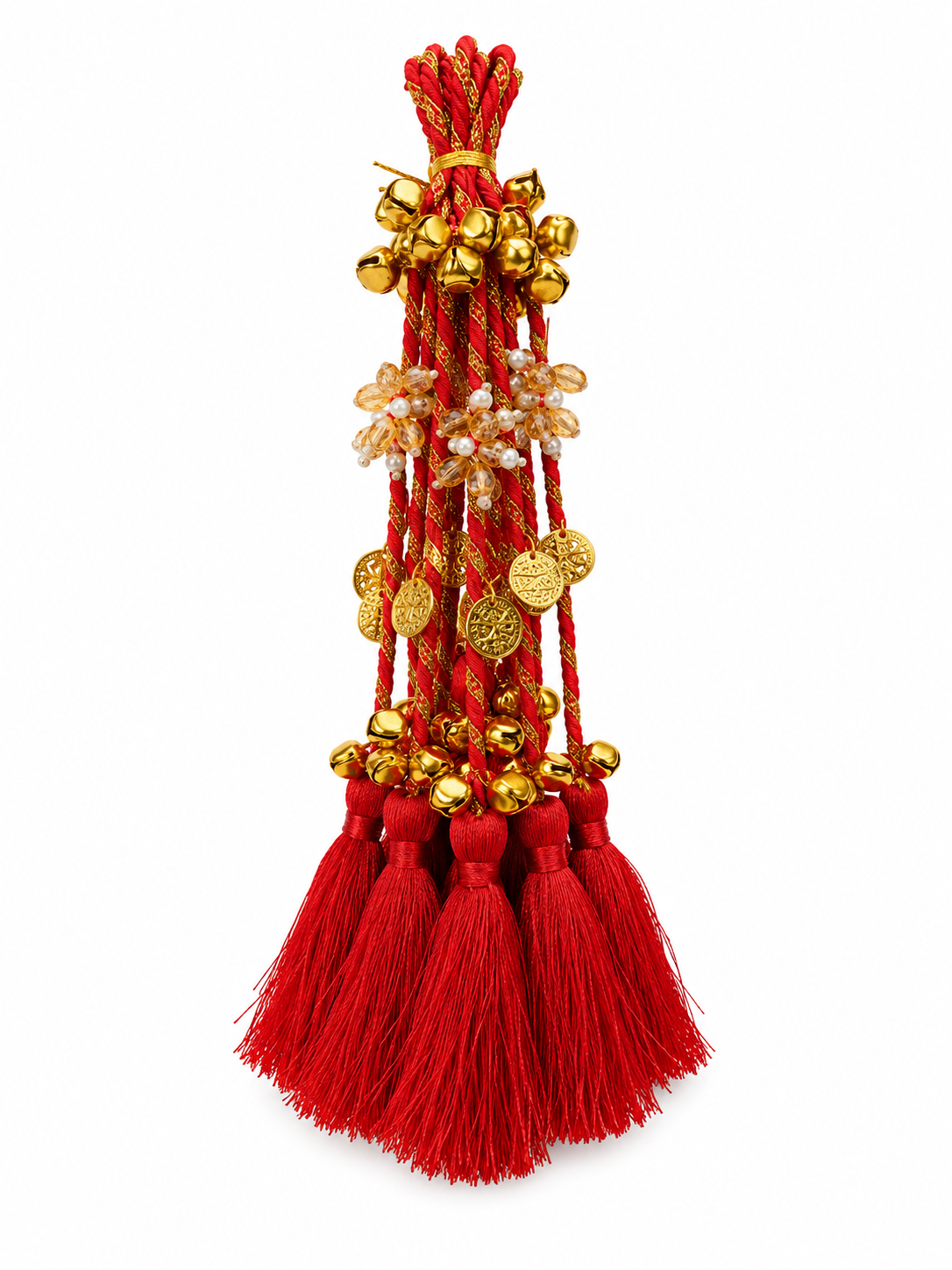 Red Bridal Latkan Tassels with Golden Ghungroo, Coins & Crystal Beads – Decorative Hanging for Lehengas, Blouses & Potli Bags (Pack of 2 Tassels)