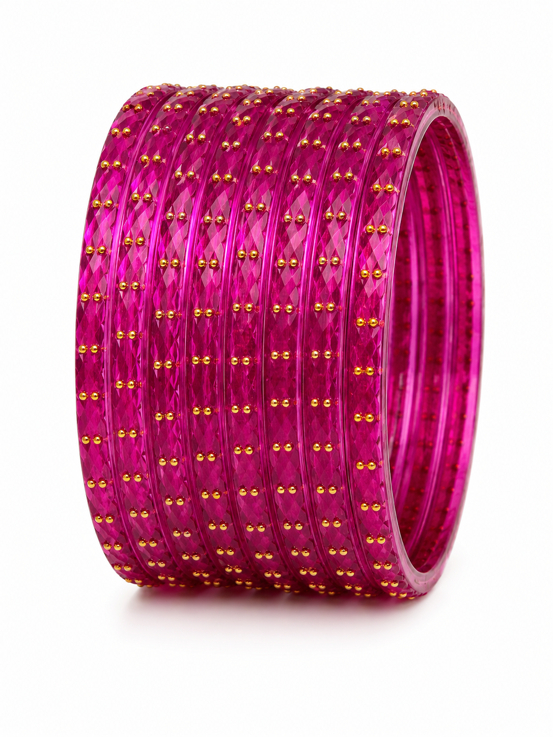 Hot Pink Crystal Bangle Set (12 Bangles) with Gold Stud Detailing | Traditional Punjabi Bangles for Women