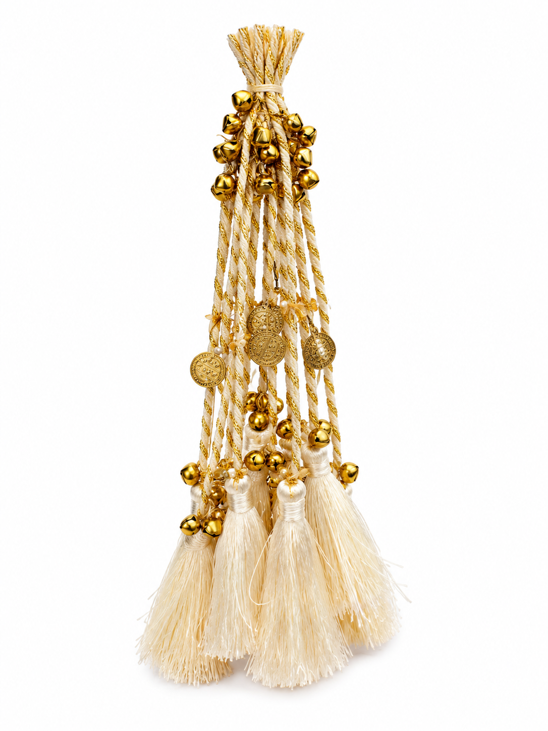 Ivory Bridal Latkan Tassels with Golden Ghungroo, Coins & Crystal Beads – Decorative Hanging for Lehengas, Blouses & Potli Bags (Set of 2)