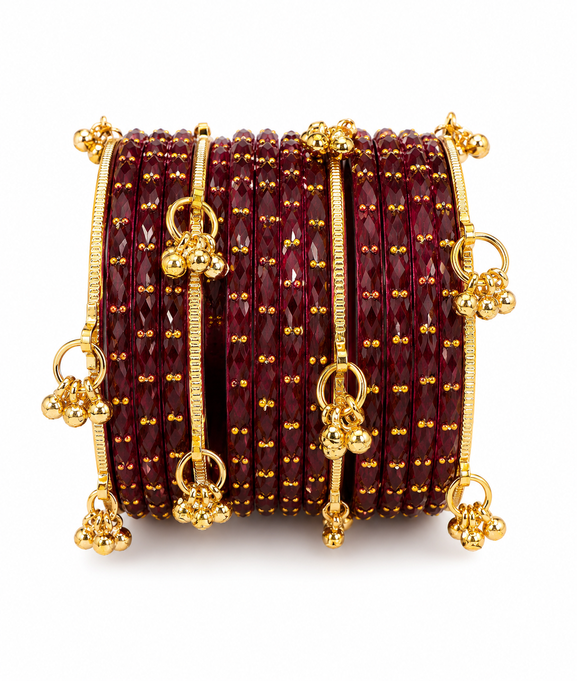 Maroon Crystal Kashmiri Bangle Set with Gold Ghungroo Charms | Traditional Bridal Bangles for Women