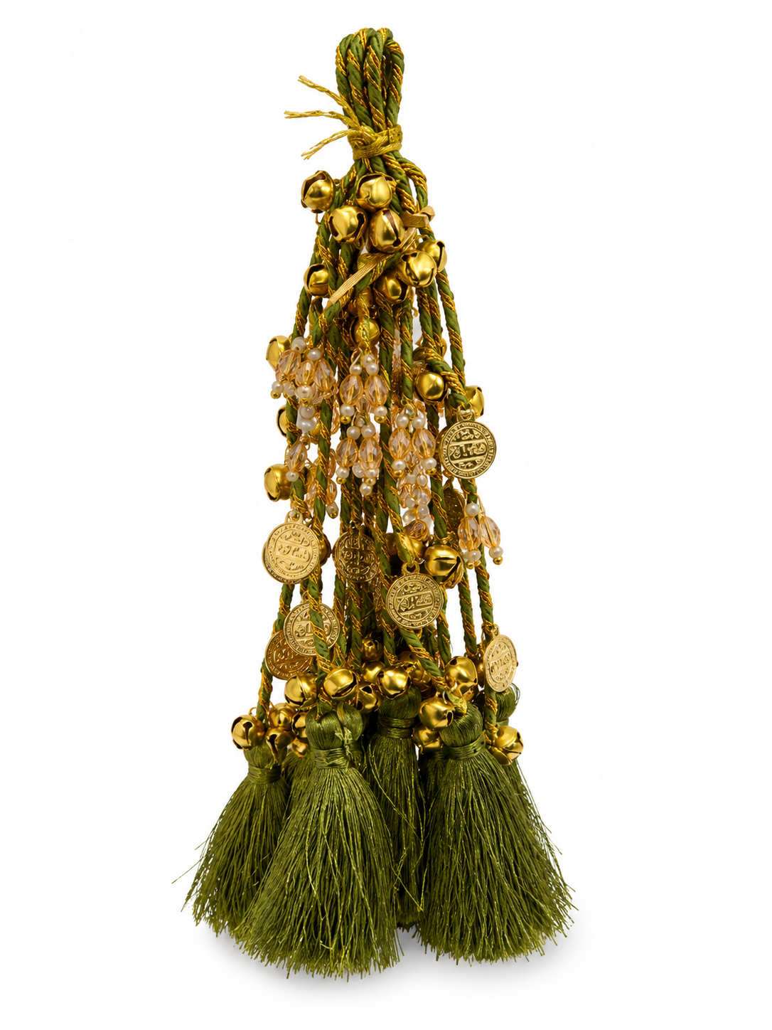 Olive Green Bridal Latkan Tassels with Golden Ghungroo, Coins & Crystal Beads – Decorative Hanging for Lehengas, Blouses & Potli Bags (Set of 2)