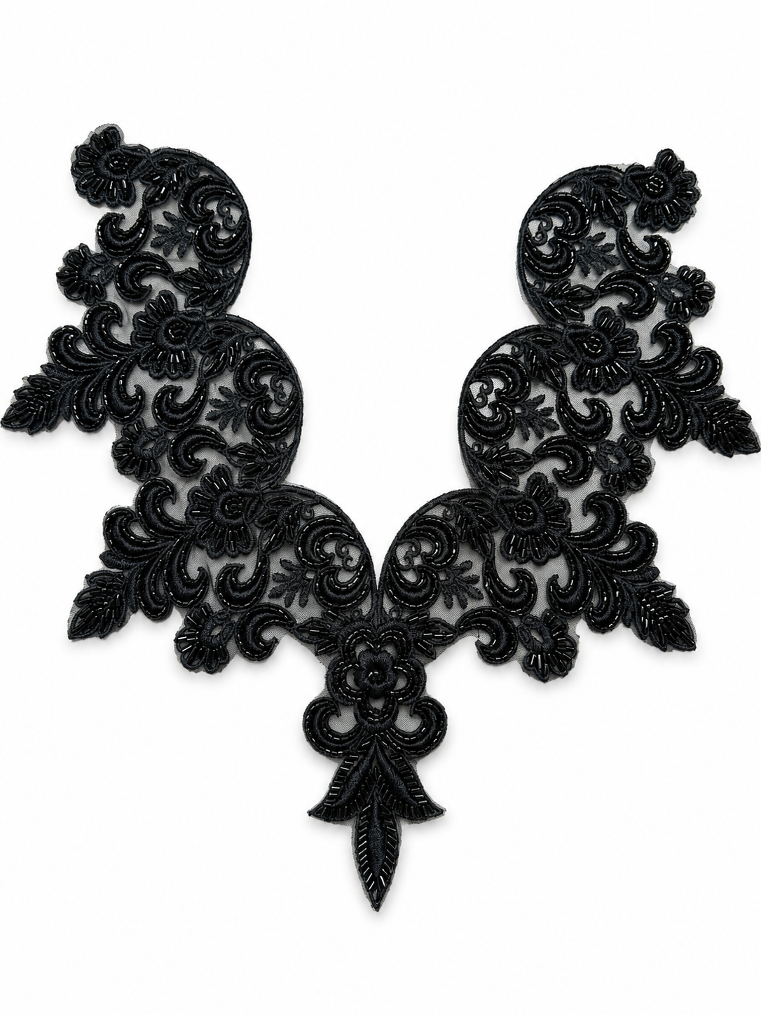 Black Floral Lace Neck Appliqué – Embroidered V-Neck Sew-On Patch for Kurtis, Blouses & Dresses