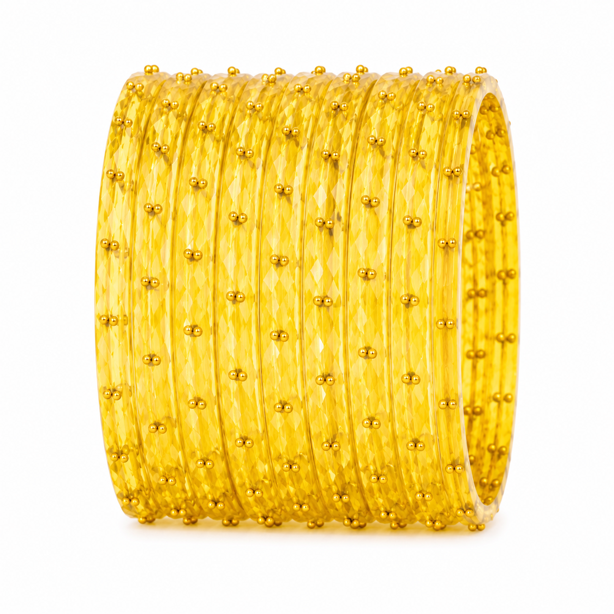 Golden Yellow Crystal Bangles Set (12 Bangles) with Gold Stud Detailing | Traditional Ethnic Bangles for Women