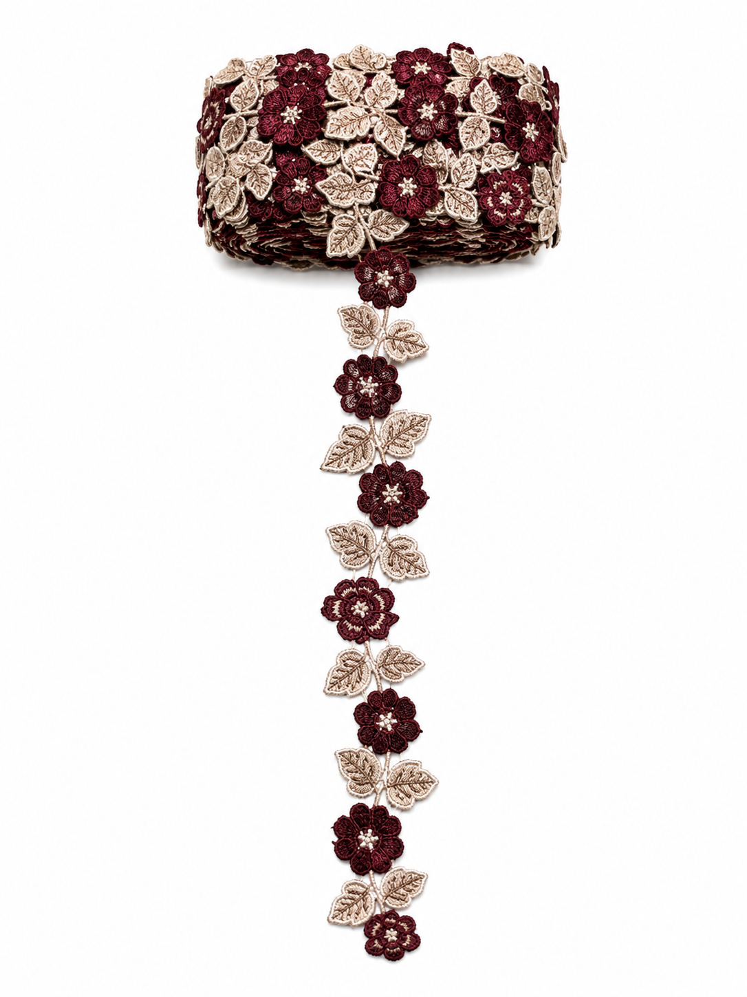 Burgundy Floral Embroidered Lace Trim – Decorative Flower Border | Sold by the Meter