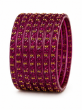 Magenta Crystal Bangle Set (12 Bangles) with Gold Stud Detailing | Traditional Punjabi Bangles for Women