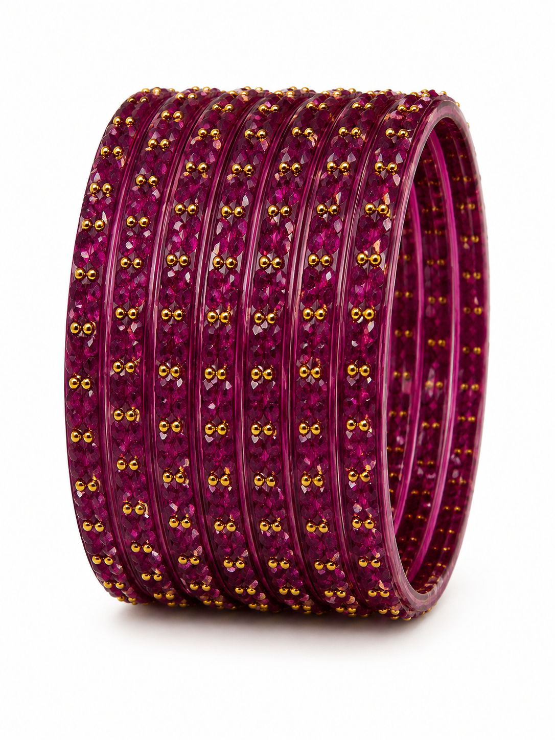 Magenta Crystal Bangle Set (12 Bangles) with Gold Stud Detailing | Traditional Punjabi Bangles for Women