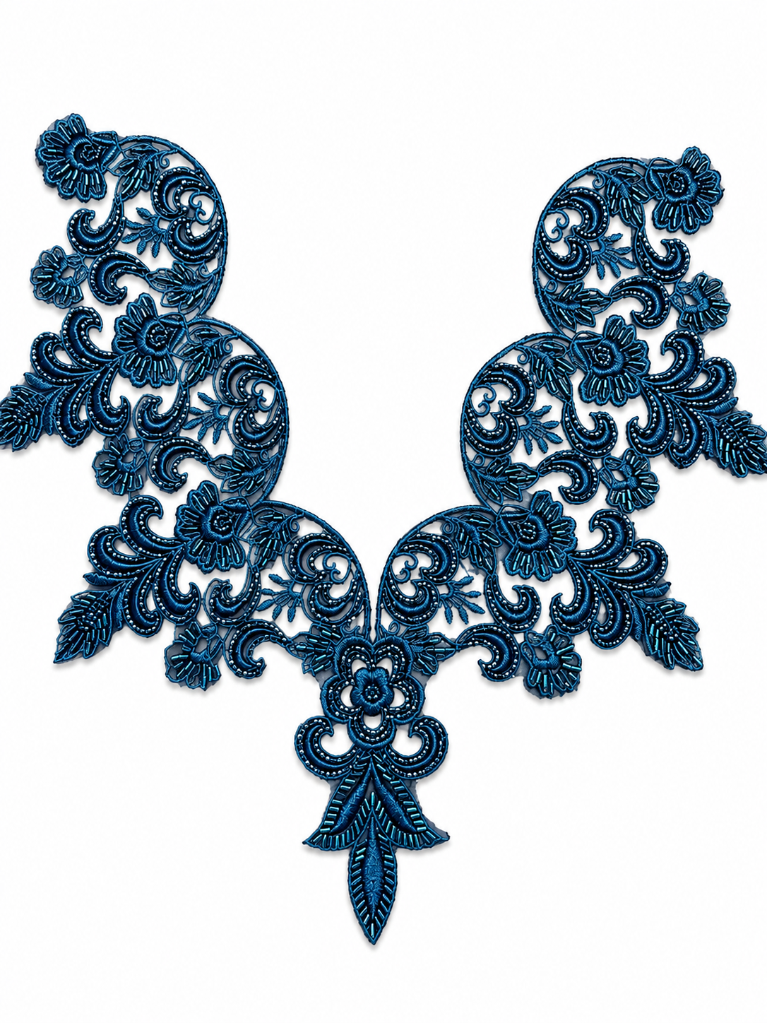 Navy Blue Floral Lace Neck Appliqué – Embroidered V-Neck Sew-On Patch for Kurtis, Dresses & Blouses