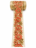 Premium Peach & Gold Floral Embroidered Lace Trim – Designer Decorative Border (Sold by Meter)