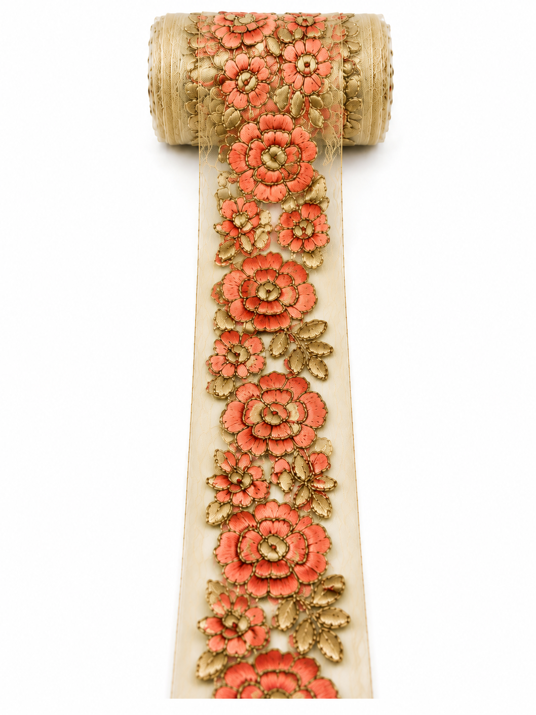 Premium Peach & Gold Floral Embroidered Lace Trim – Designer Decorative Border (Sold by Meter)