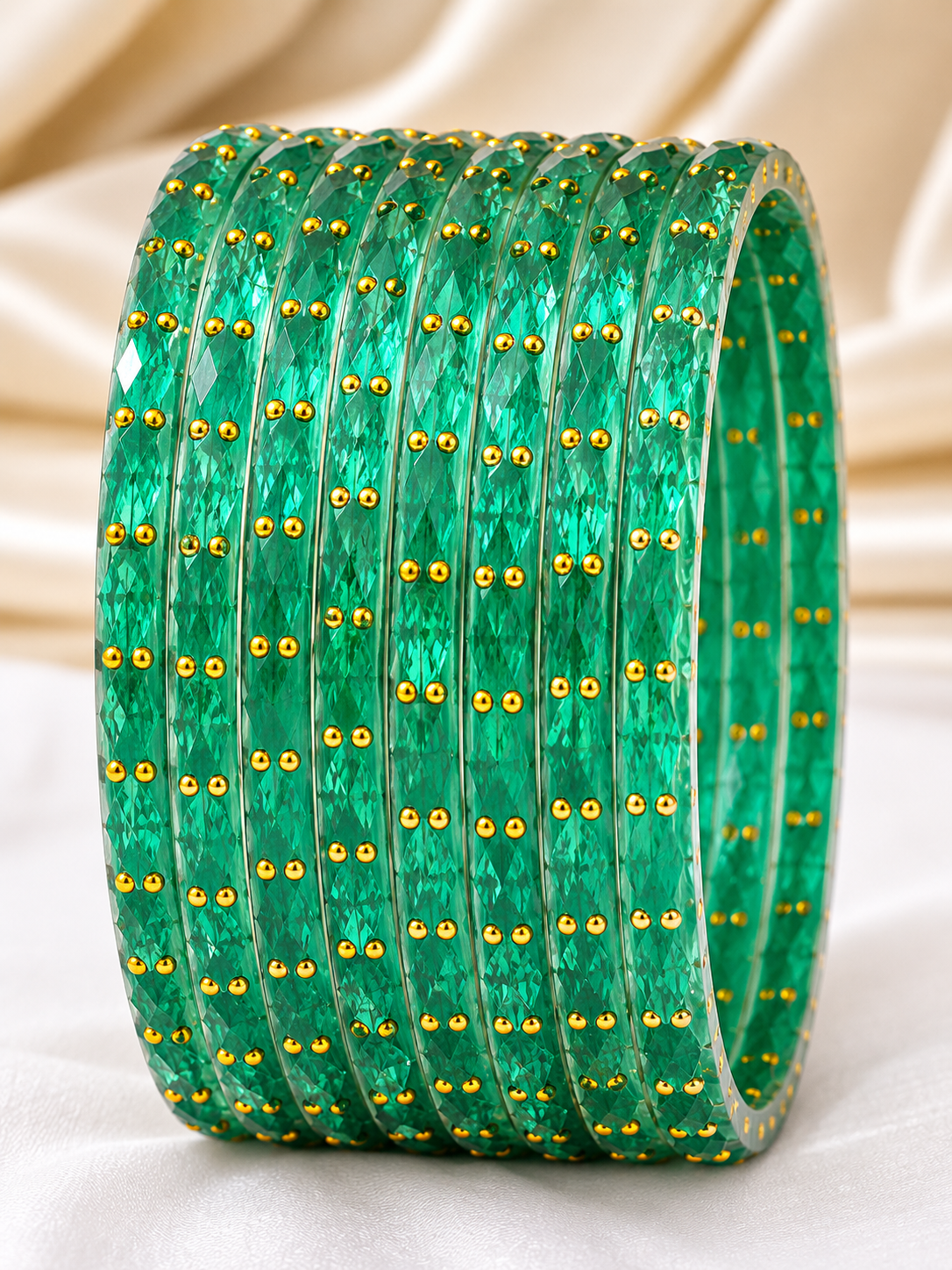 Emerald Green Crystal Bangle Set (12 Bangles) with Gold Stud Detailing | Traditional Punjabi Bangles for Women
