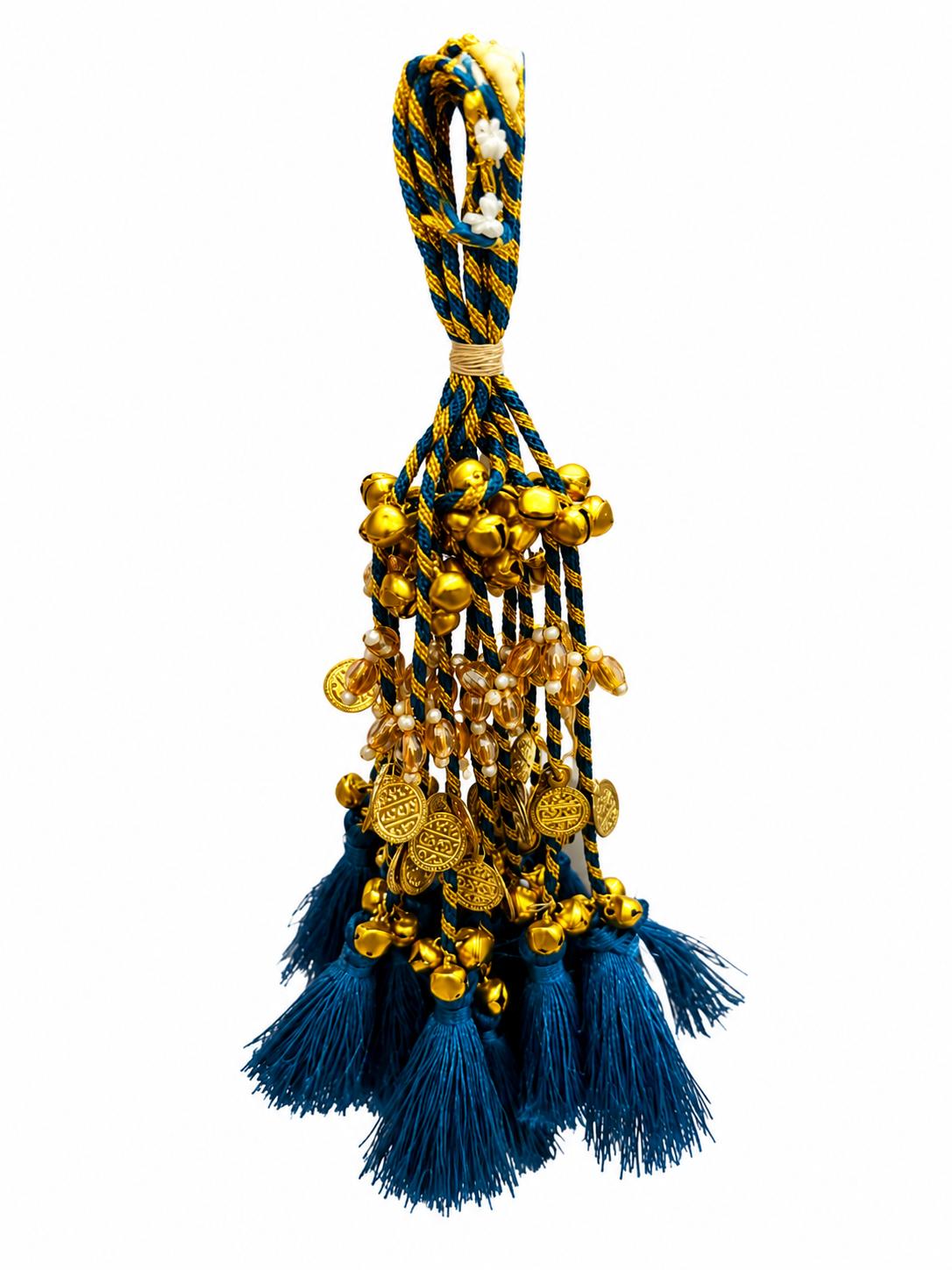 Royal Blue Bridal Latkan Tassels with Golden Ghungroo, Coins & Bead Embellishments – Decorative Hanging for Lehengas, Blouses & Potli Bags (Pack of 2)