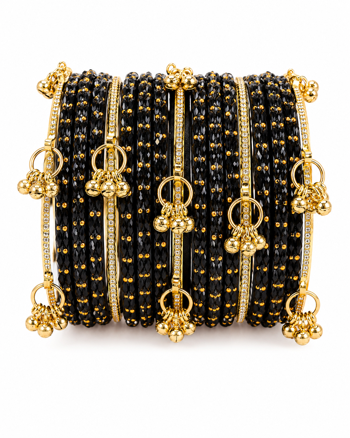 Black Crystal Kashmiri Bangle Set with Gold Ghungroo Charms | Elegant Traditional Bangles for Women