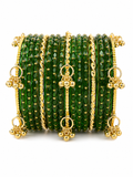 Emerald Green Crystal Kashmiri Bangle Set with Gold Ghungroo Charms | Traditional Bridal Bangles for Women