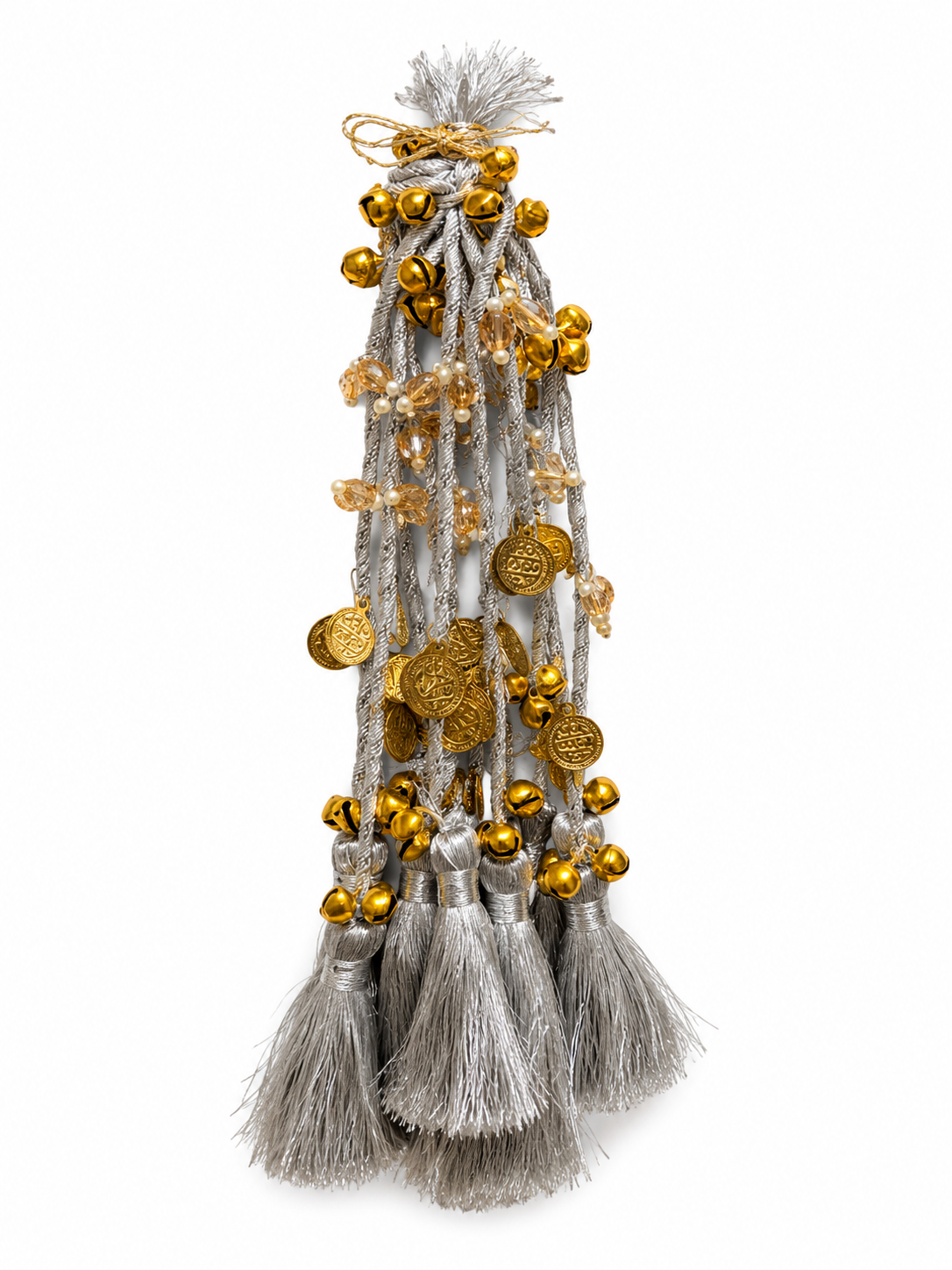 Silver Bridal Latkan Tassels with Golden Ghungroo, Coins & Crystal Beads – Decorative Hanging for Lehengas, Blouses & Potli Bags (Set of 2)
