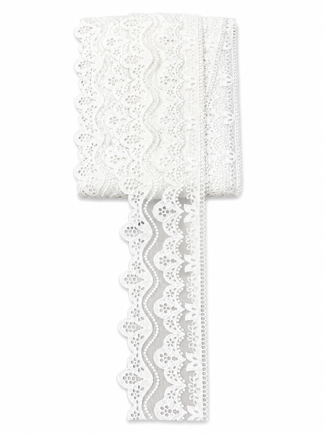 Premium White Floral Embroidered Mesh Border Lace – Scalloped Decorative Trim (Sold by the Meter)