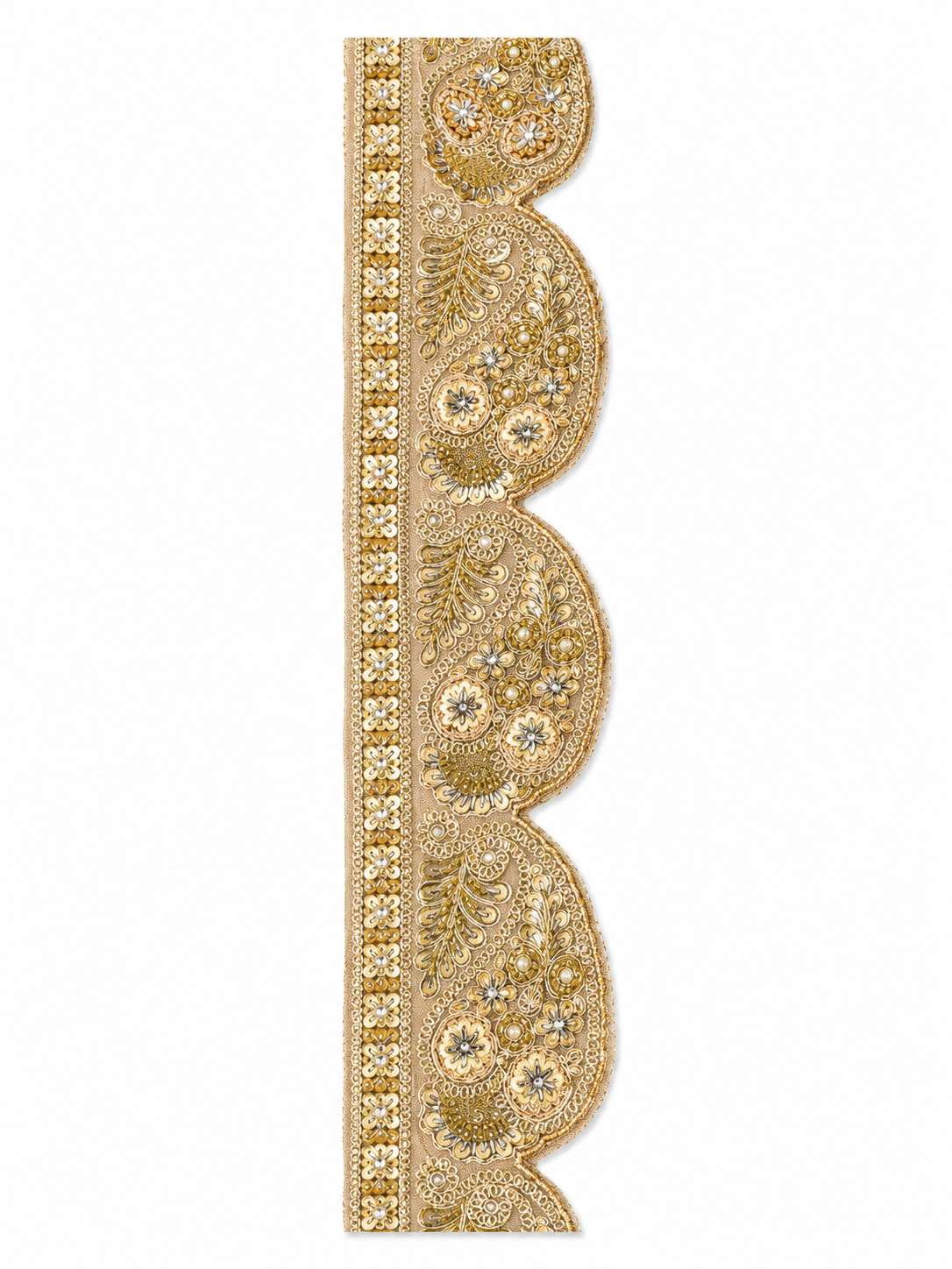 Premium Gold Paisley Embroidered Scalloped Lace Trim – Decorative Border (Sold by Meter)
