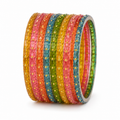 Multicolor Crystal Bangle Set (12 Bangles) with Gold Stud Detailing | Traditional Punjabi Bangles for Women