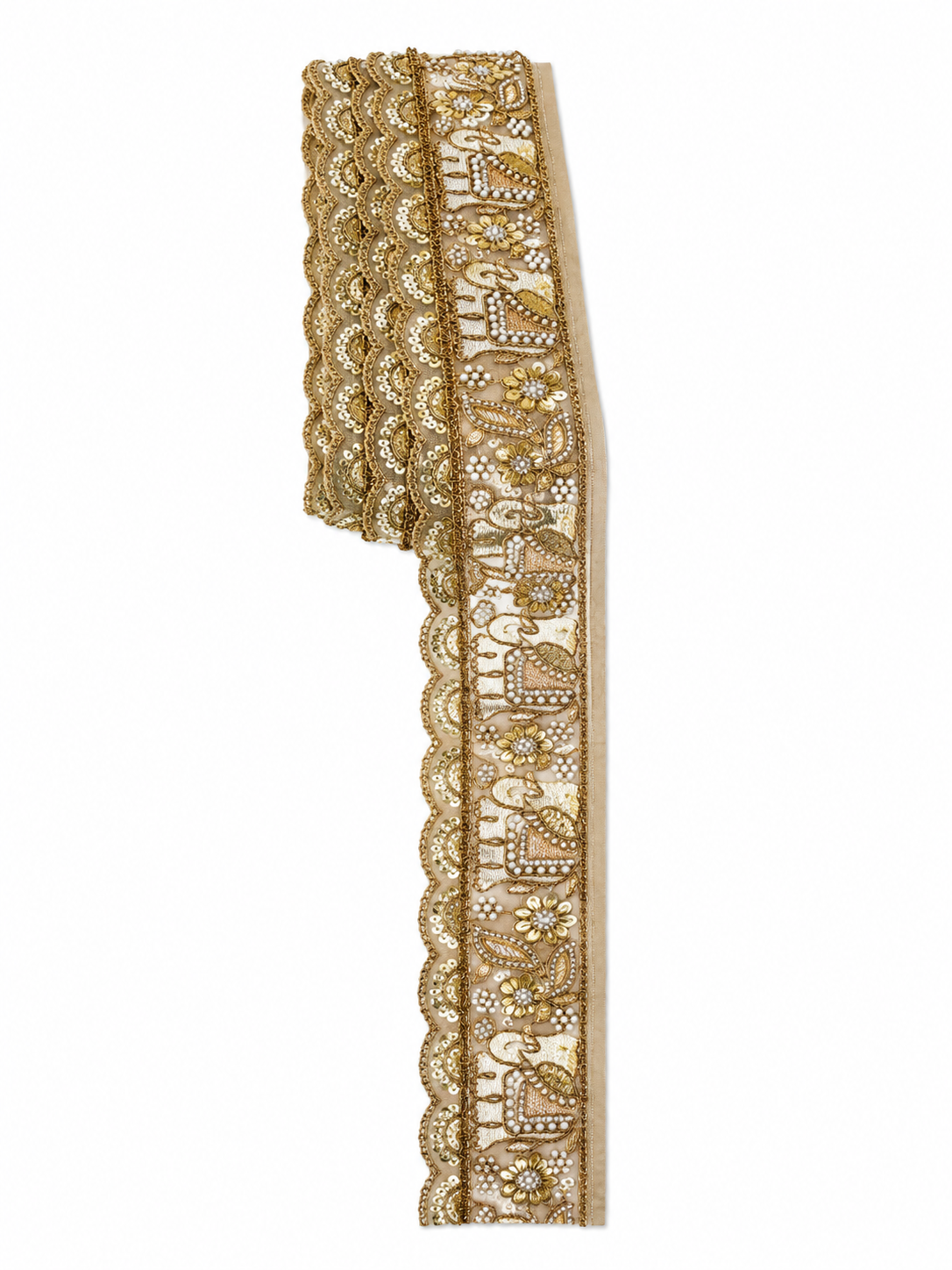 Premium Gold Elephant Embroidered Lace Trim – Decorative Border (Sold by Meter)