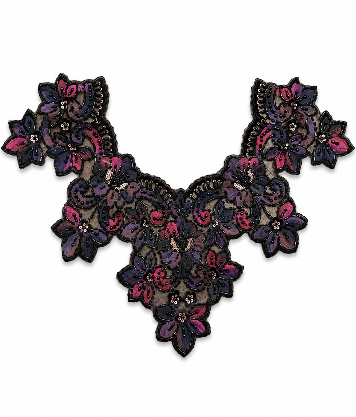 Designer Floral Embroidered Neck Patch Appliqué – Purple & Pink Beaded Neckline Lace for Dresses, Blouses & Suits