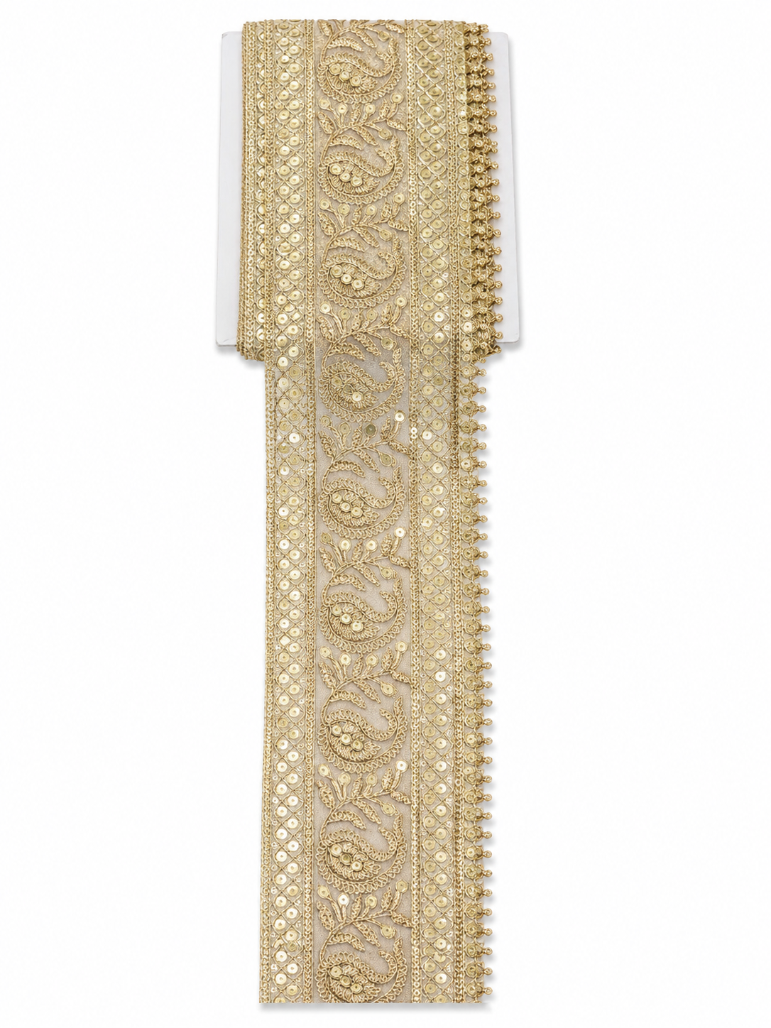 Premium Gold Paisley Embroidered Border Lace with Sequins – Decorative Trim (Sold by the Meter)