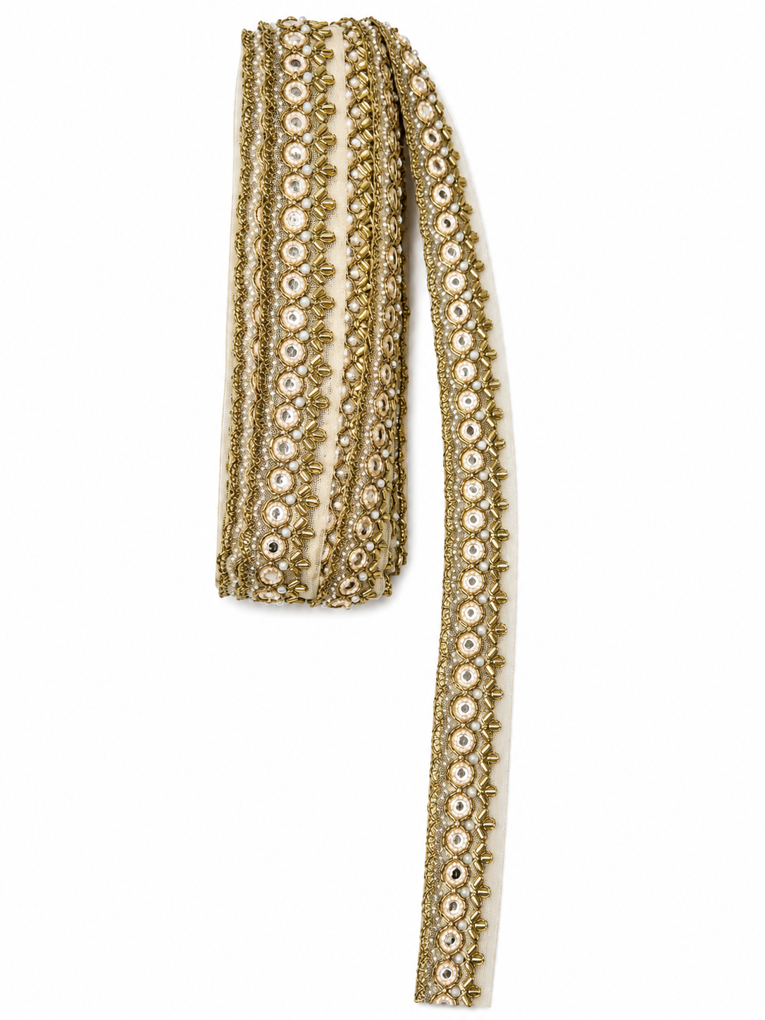 Premium Gold Mirror & Pearl Embroidered Lace Trim – Decorative Border (Sold by Meter)