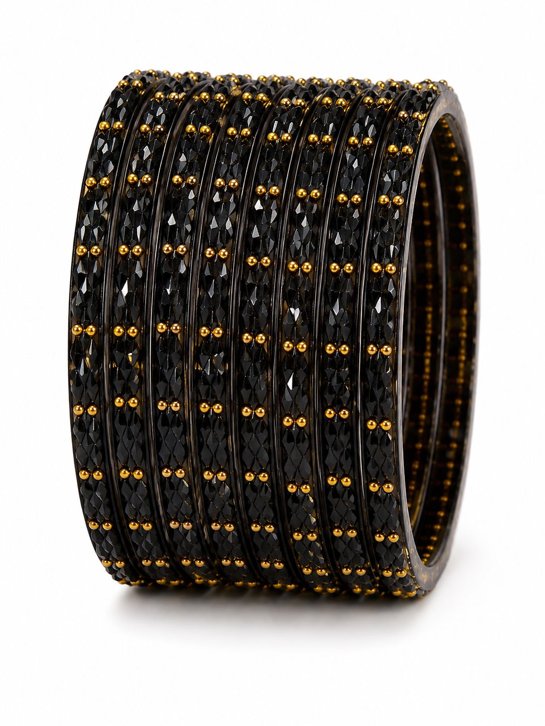 Black Crystal Bangle Set (12 Bangles) with Gold Stud Detailing | Traditional Punjabi Bangles for Women