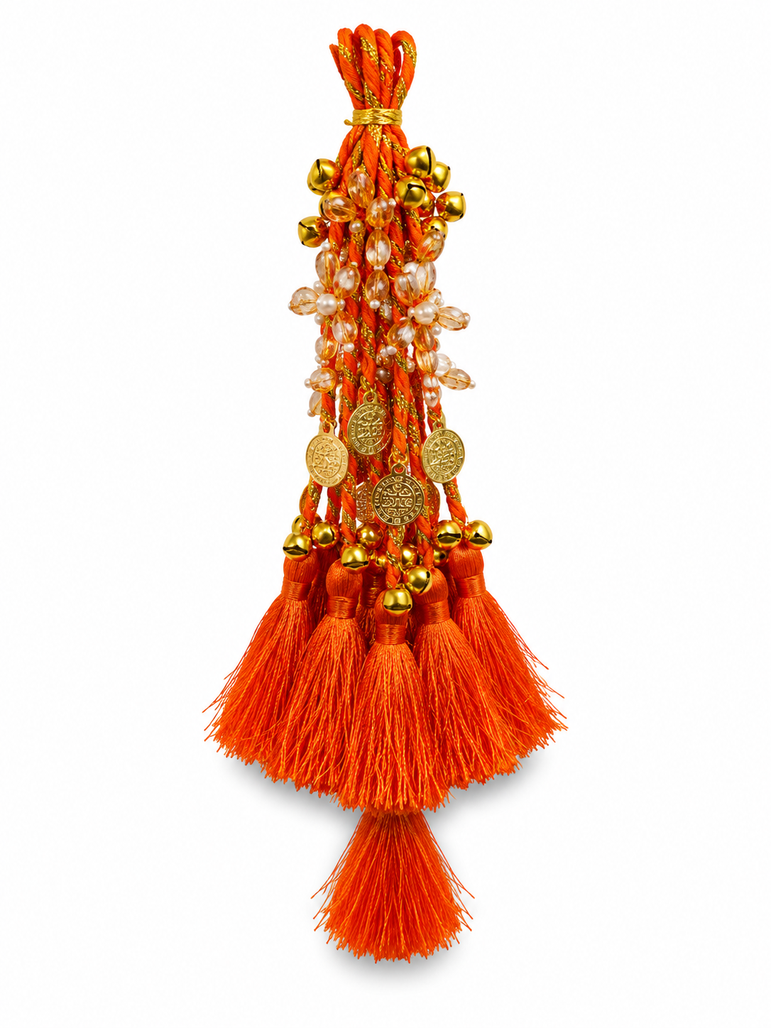 Orange Bridal Latkan Tassels with Golden Ghungroo, Coins & Crystal Beads – Decorative Hanging for Lehengas, Blouses & Potli Bags (Pack of 2 Tassels)