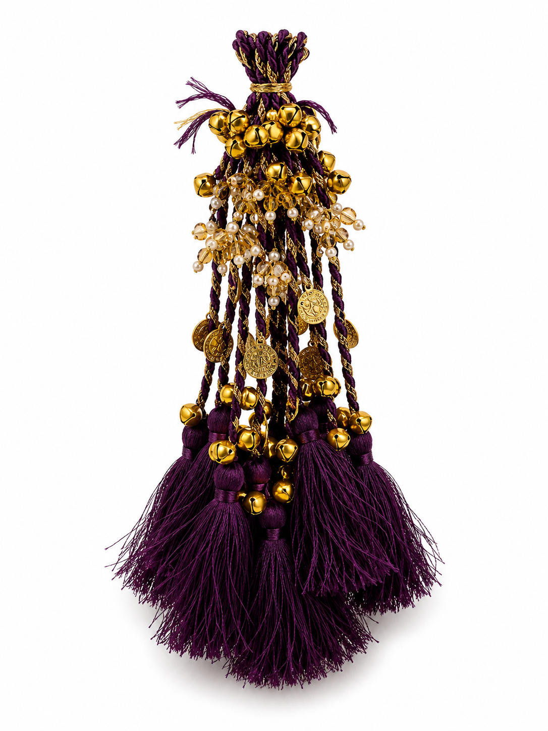Purple Bridal Latkan Tassels with Golden Ghungroo, Coins & Crystal Beads – Decorative Hanging for Lehengas, Blouses & Potli Bags (Pack of 2 Tassels)