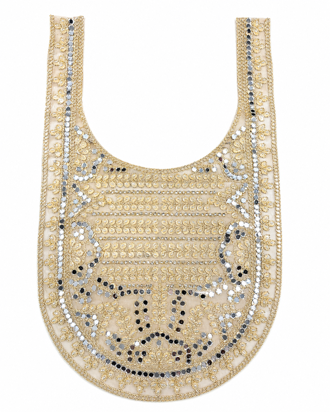 Gold Embroidered Neck Patch with Mirror Work – Decorative Neckline Appliqué for Kurti, Blouse, Suit & DIY Sewing