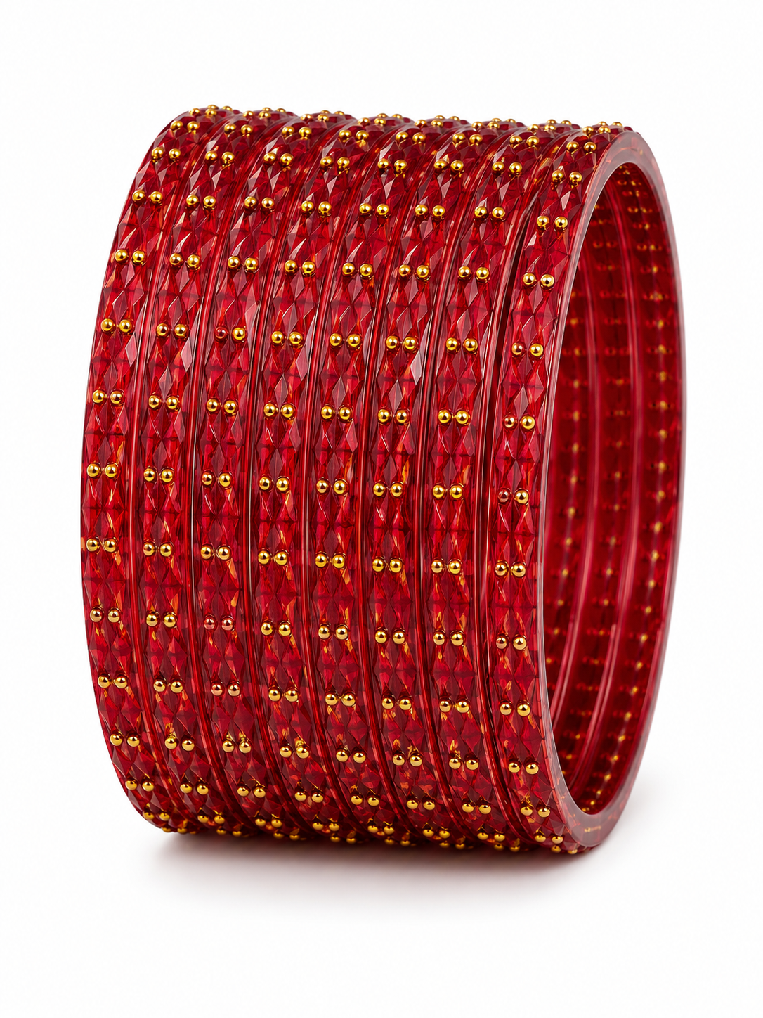 Ruby Red Crystal Bangle Set (12 Bangles) with Gold Stud Detailing | Traditional Punjabi Bangles for Women