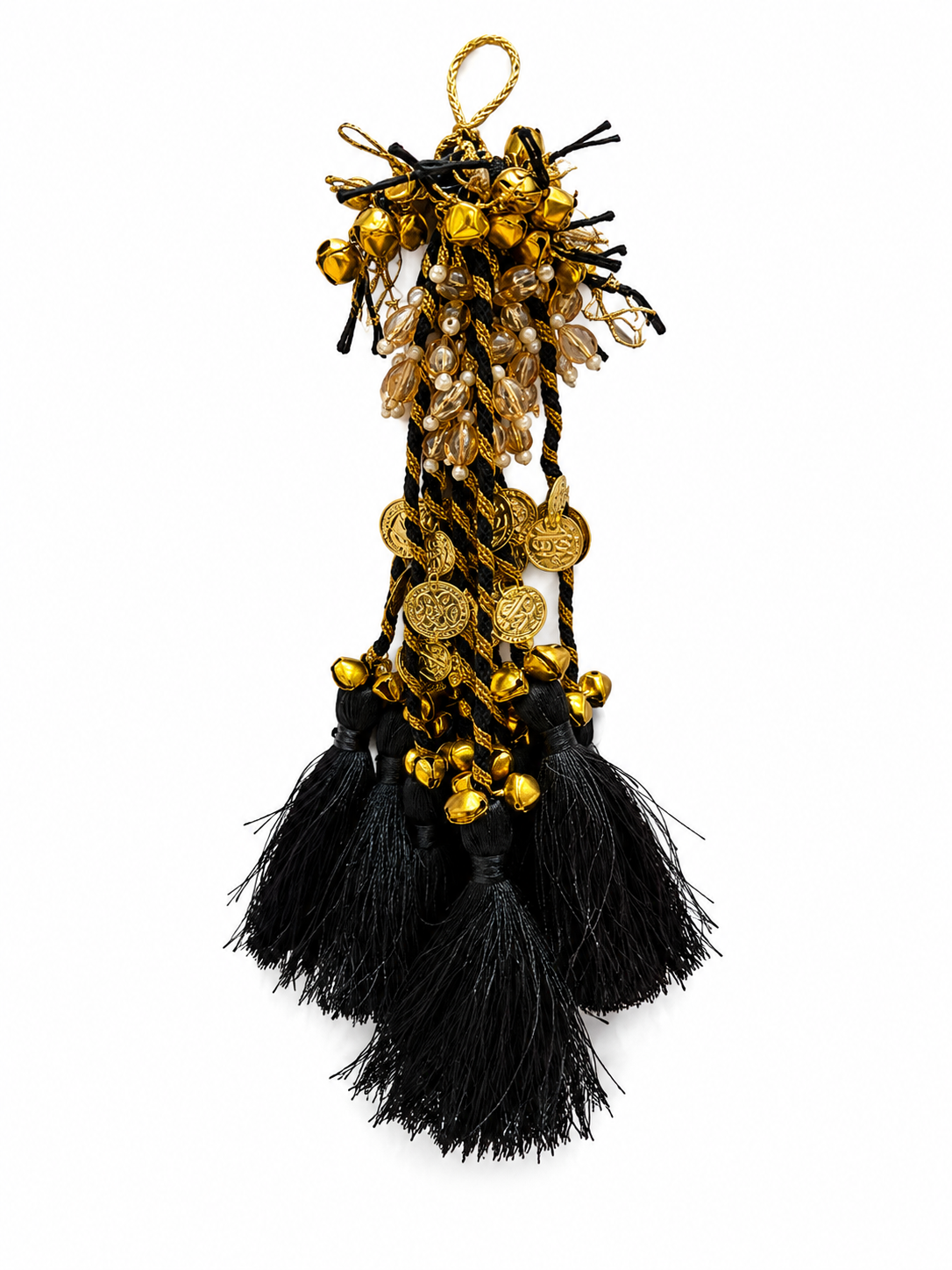 Black Bridal Latkan Tassels with Golden Ghungroo, Coins & Crystal Beads – Decorative Hanging for Lehengas, Blouses & Potli Bags (Set of 2)