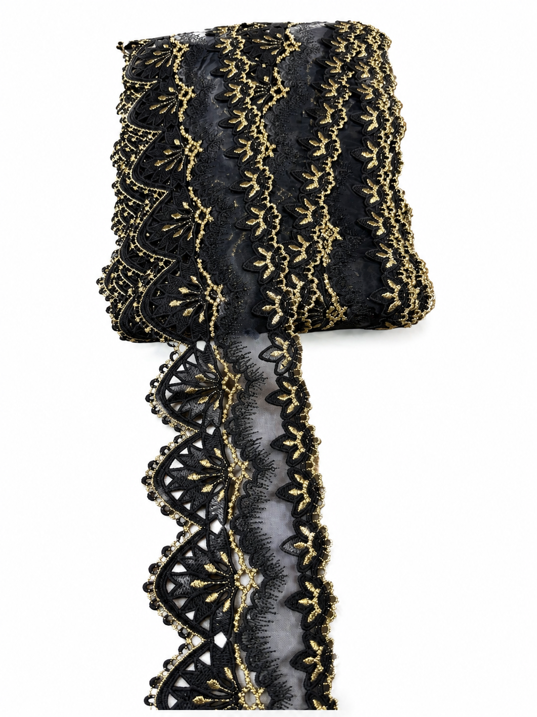 Premium Black & Gold Embroidered Lace Trim – Designer Scalloped Decorative Border (Sold by Meter)