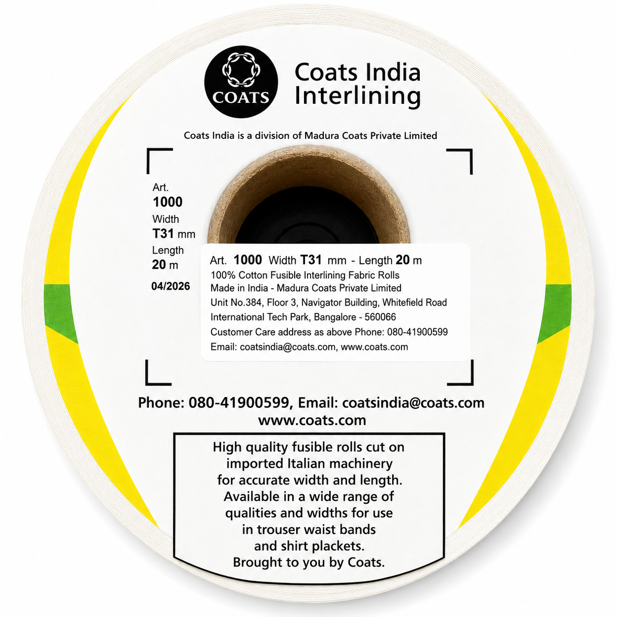 Coats Cotton Fusible Interlining Roll – 31mm Width | 20 Meter Roll | Iron-On Interfacing