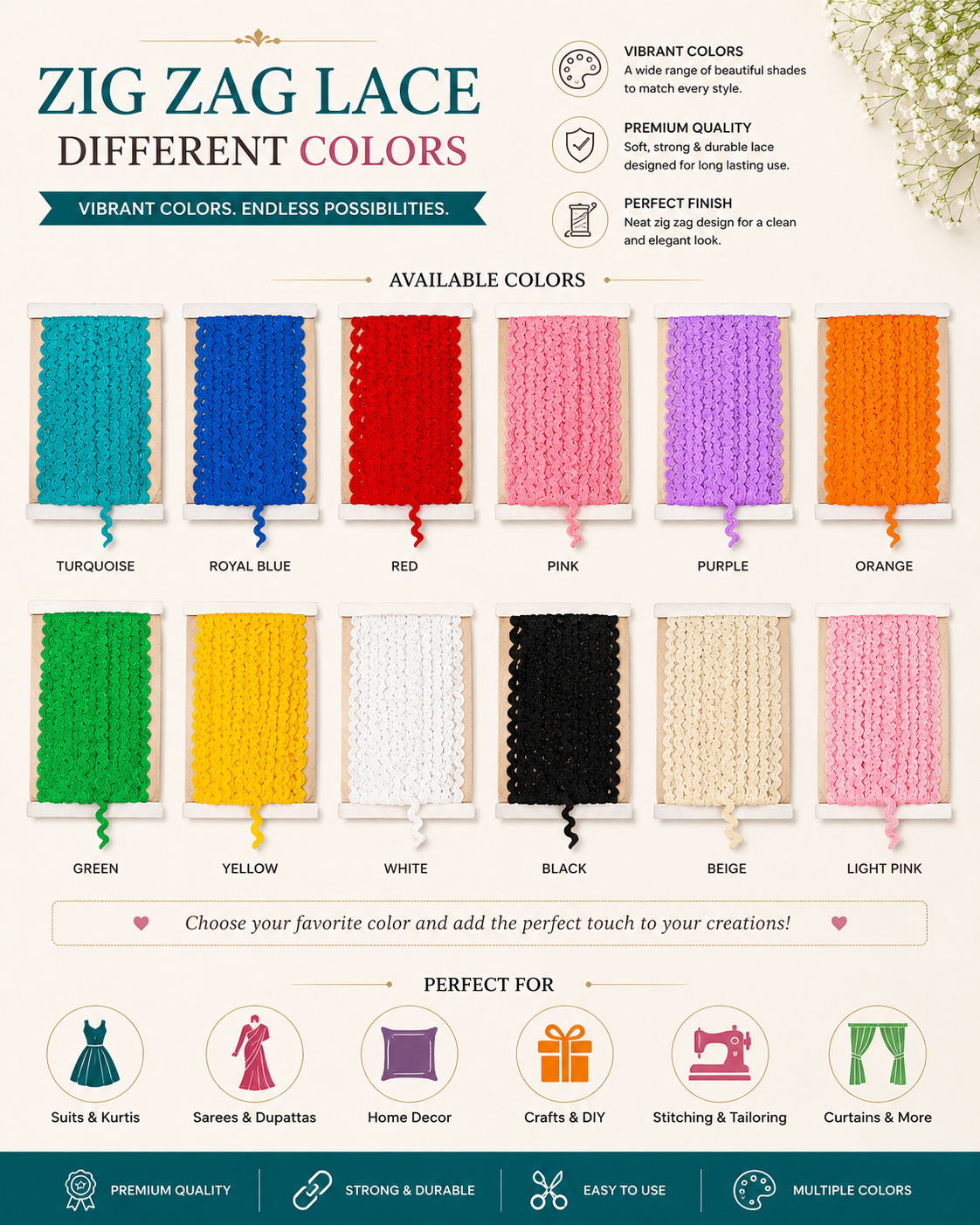 Zig Zag Lace – 20 Meter Roll | Multiple Colors Available